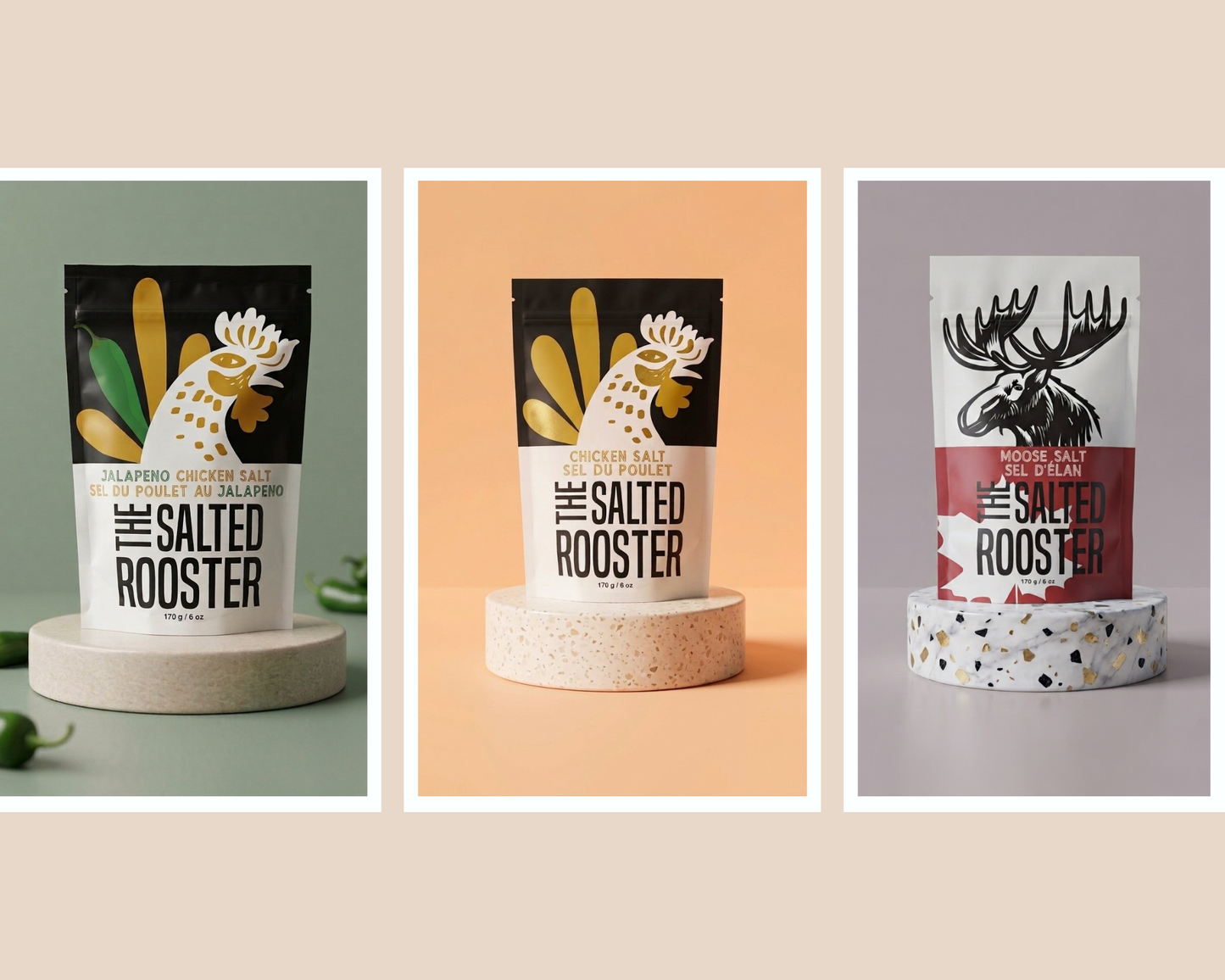 The Flock Trio: The Salted Rooster Chicken Salt, Jalapeño Chicken Salt, and Moose Salt